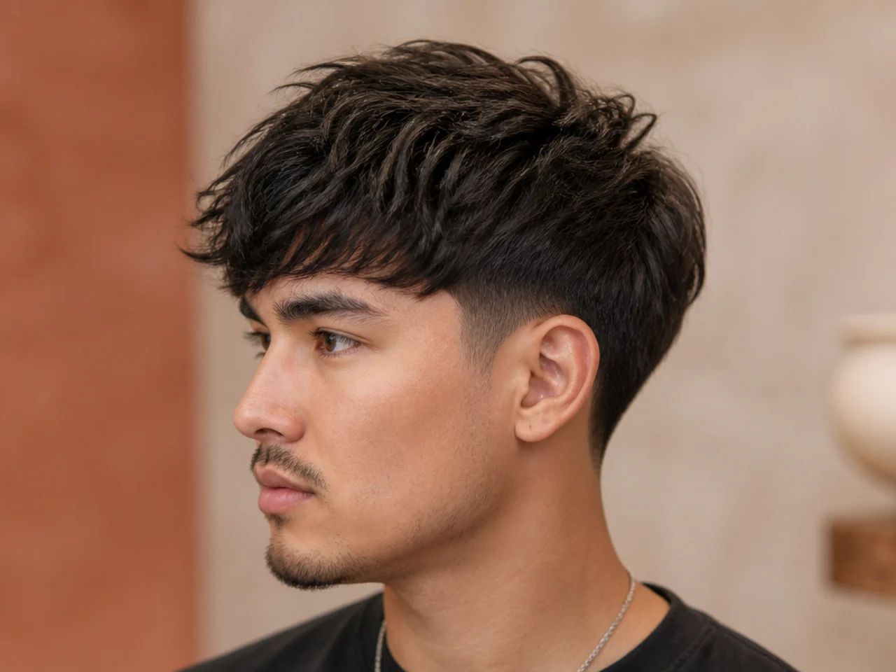 Blowout drop taper with a textured fringe, taper line arcing down behind the ear on brown wavy hair