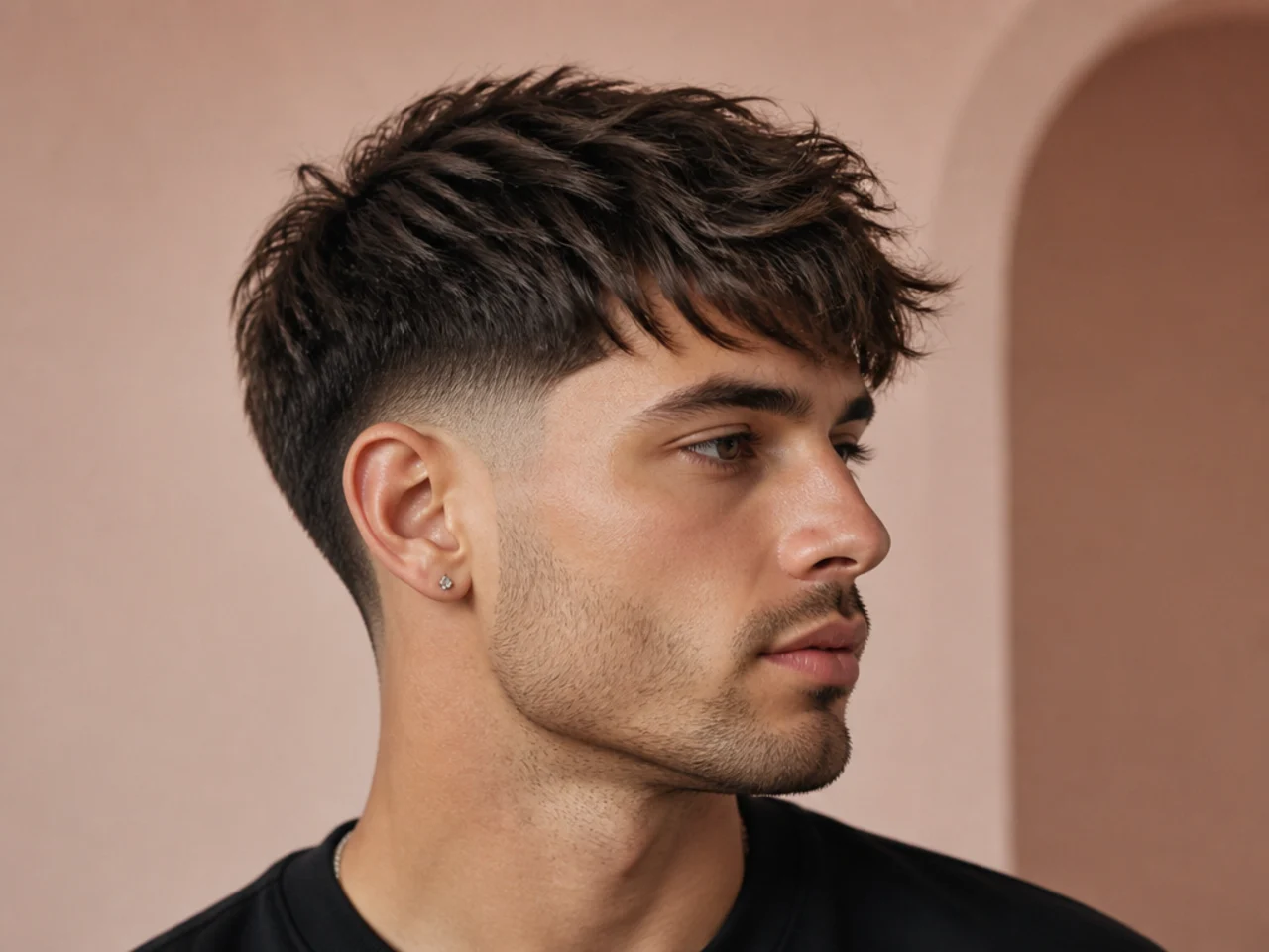 Blowout temple taper with a textured fringe, taper concentrated at the temple with fuller sides at the nape