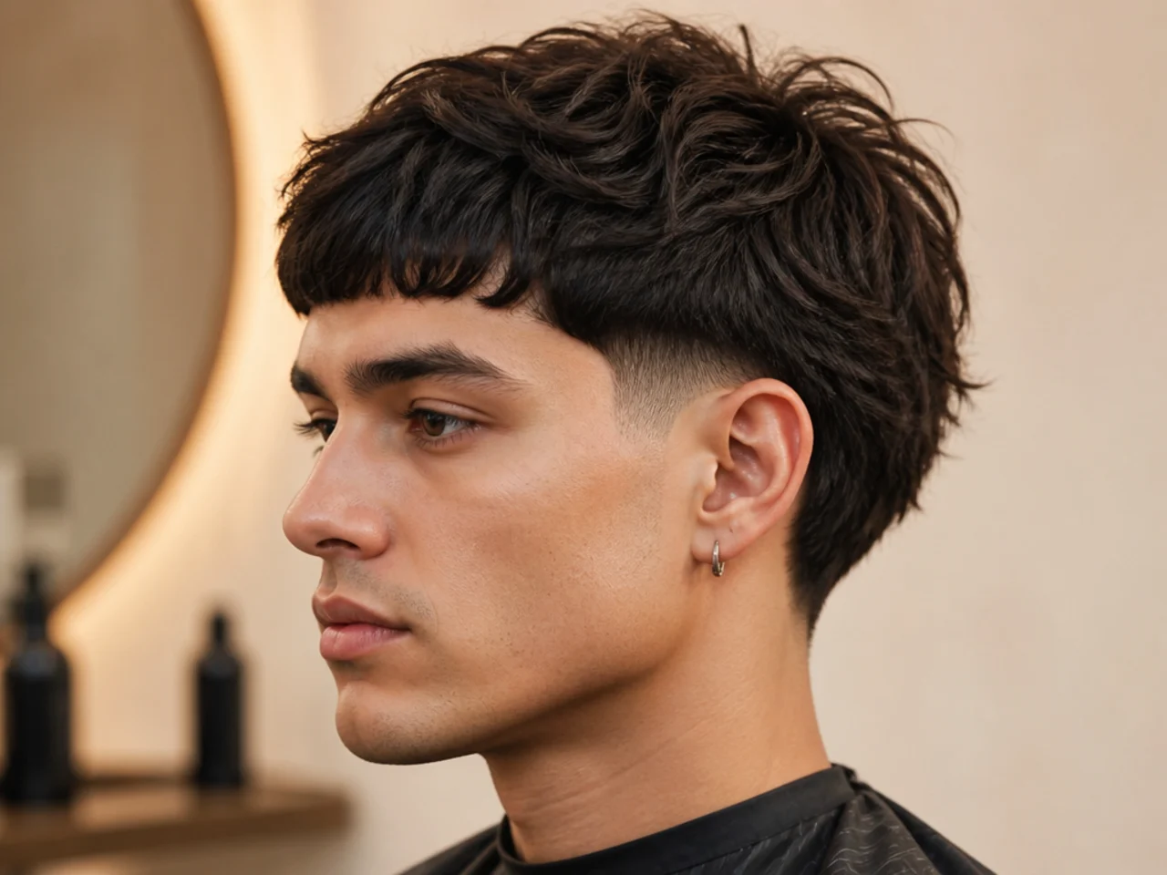 Blowout taper with a blunt textured fringe cut straight across the brows on straight dark hair