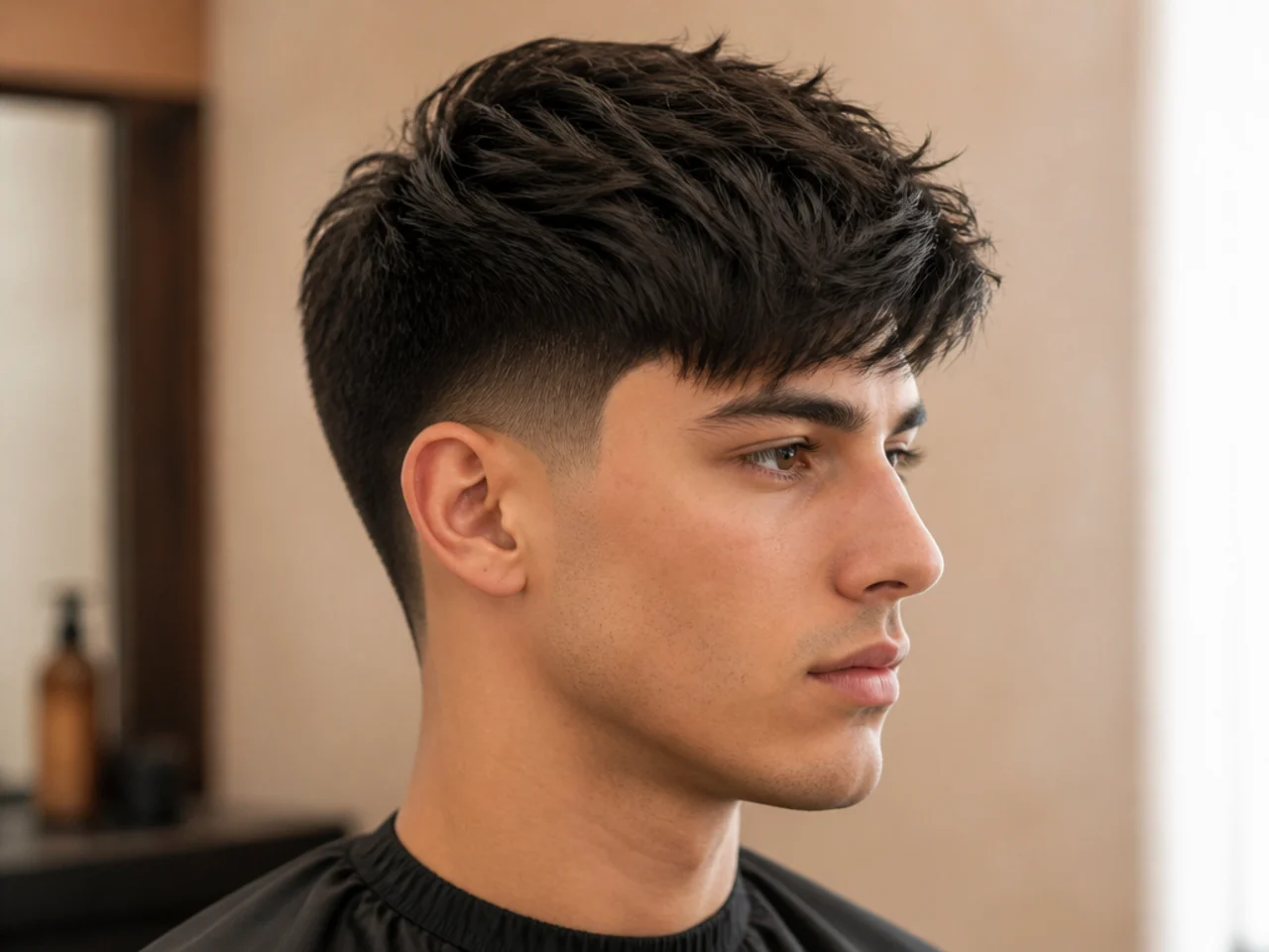 Blowout taper with an angled textured fringe swept diagonally across the forehead on brown hair