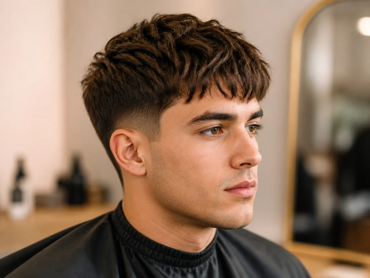 Blowout taper with a wispy French crop fringe just skimming the forehead on straight dark hair