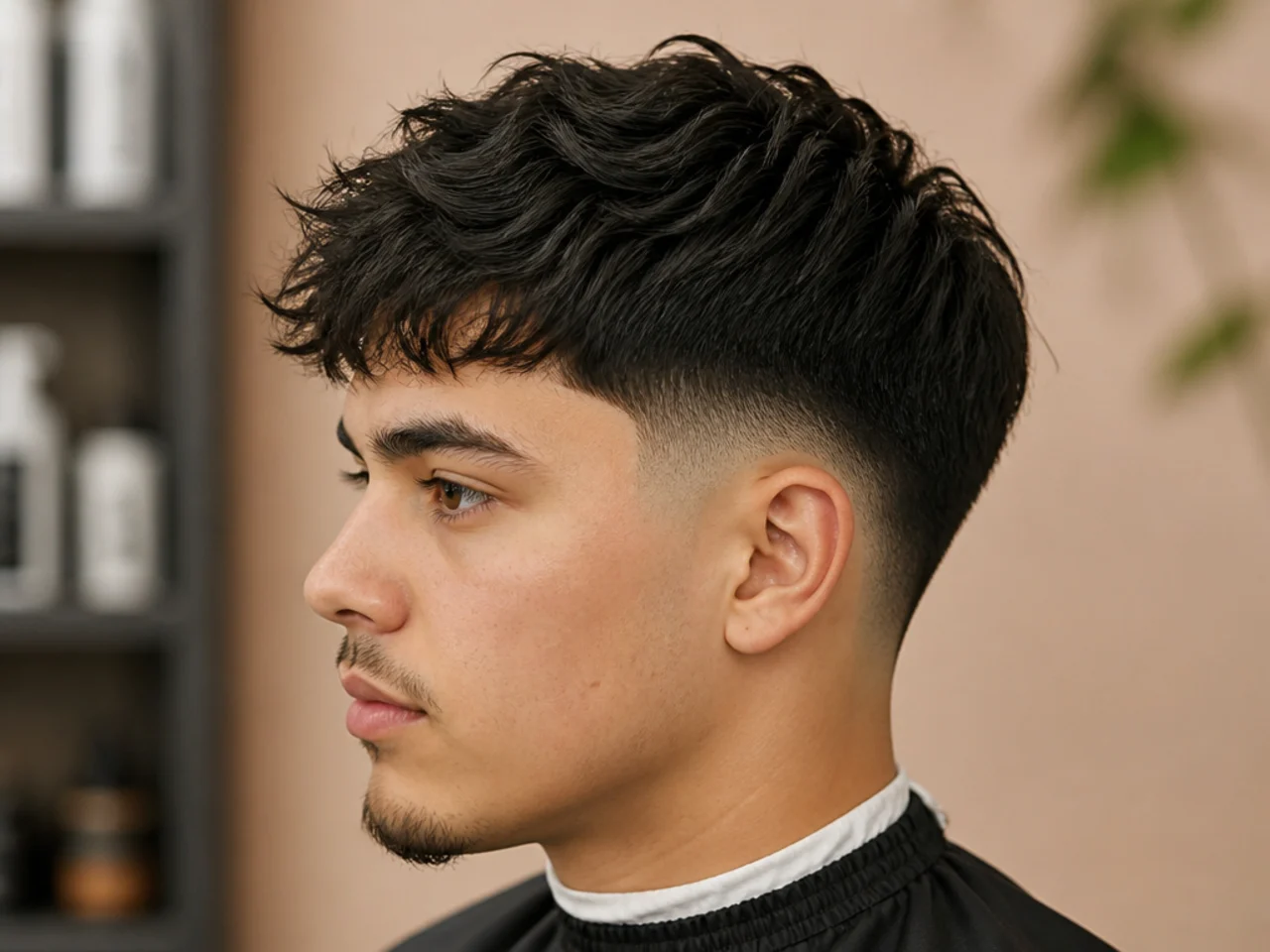 Blowout taper with an Edgar-cut style textured fringe, straight-line front on dark straight hair