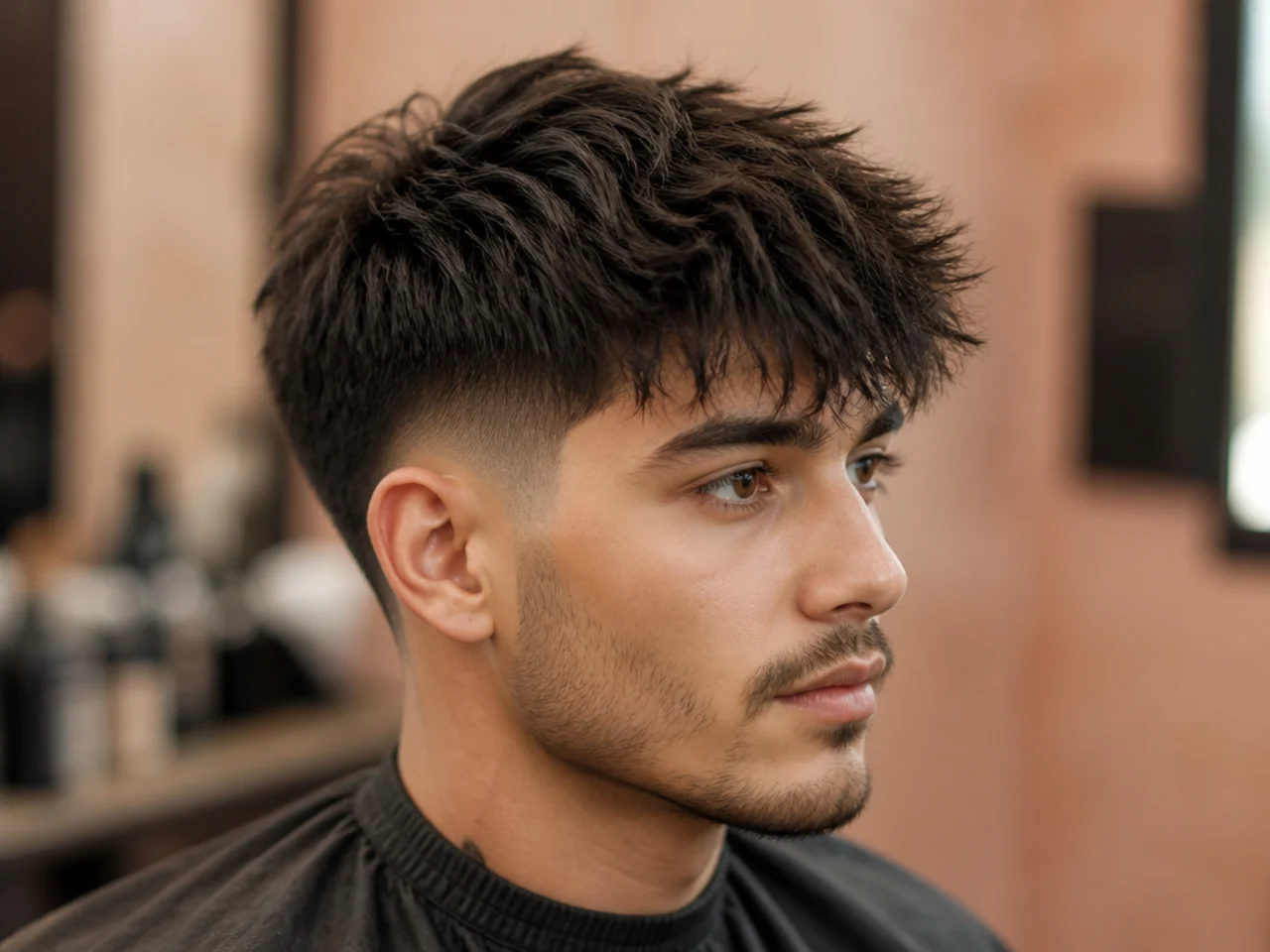 Client showing a phone reference photo to a barber before a blowout taper textured fringe cut