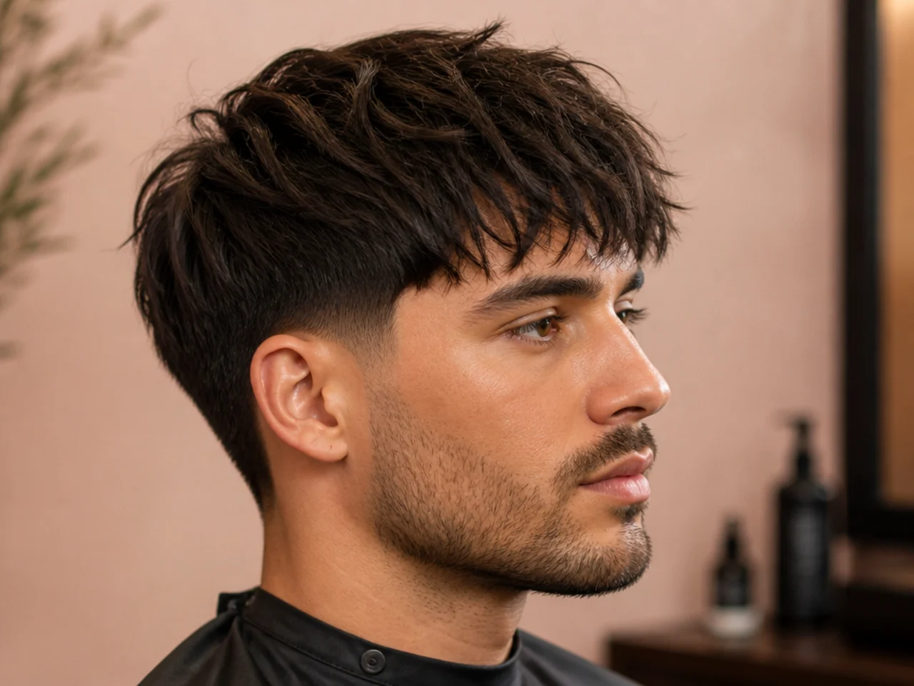 Blowout taper with a textured fringe on straight brown hair — full crown volume with piecey front pieces at the brows