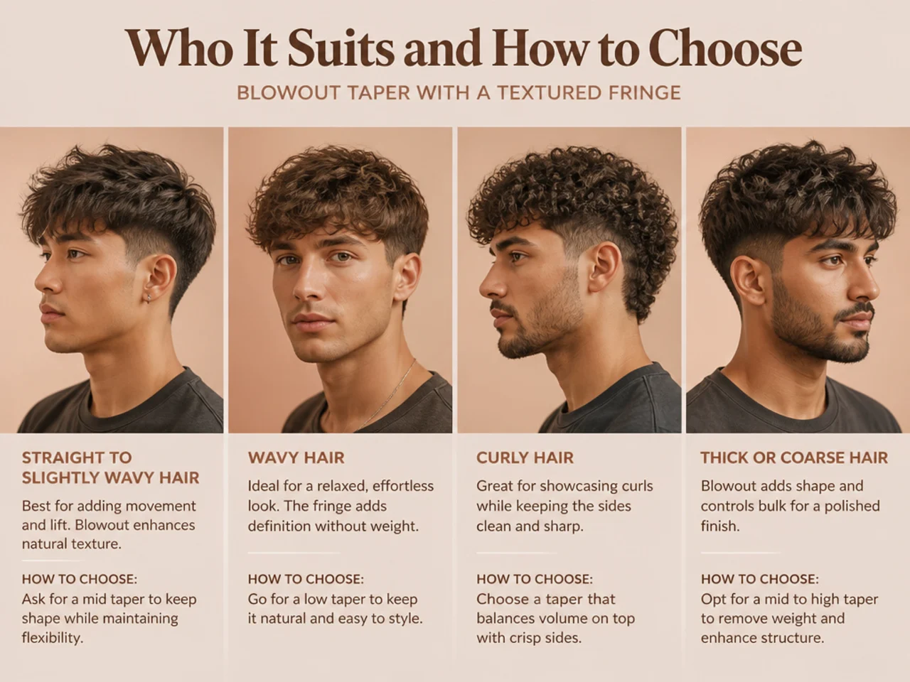 Three men side by side with different blowout taper textured fringe variations on straight, wavy, and curly hair
