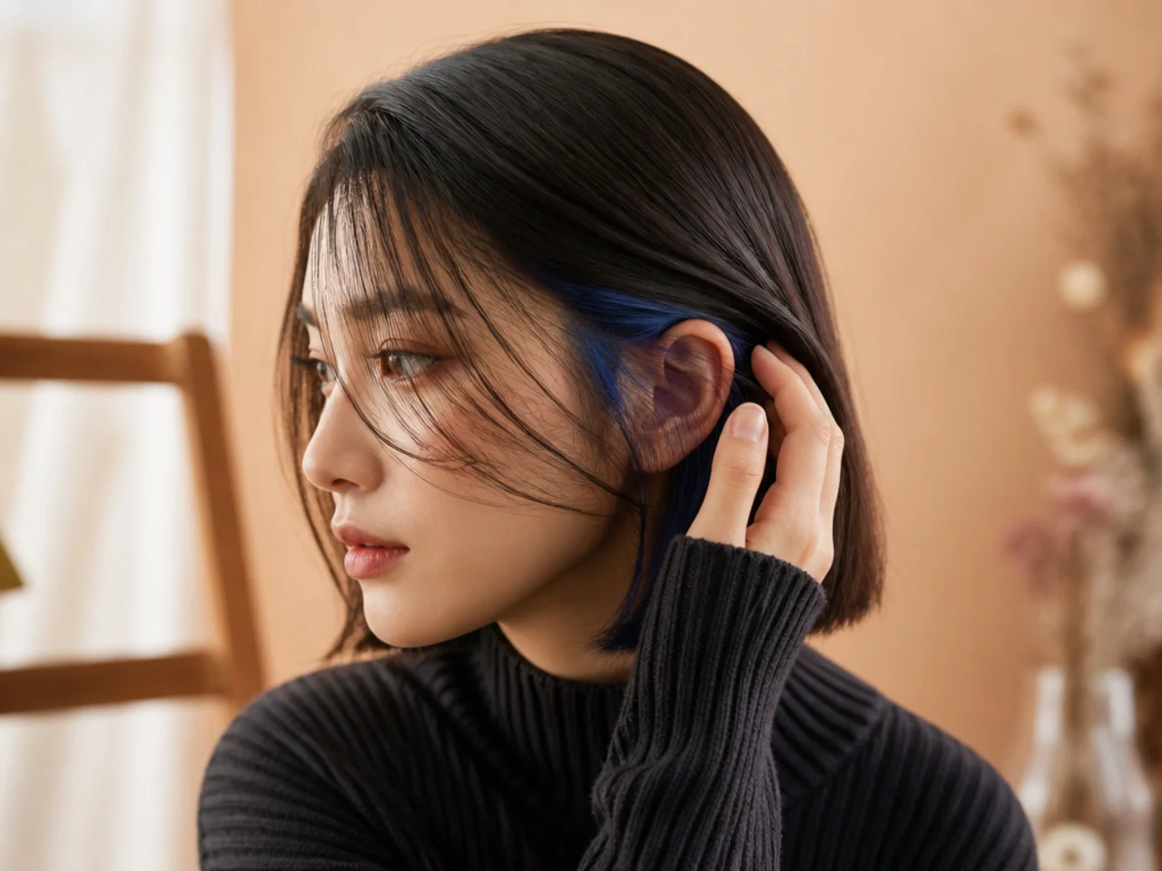 A blue panel behind the ear revealed by tucking the hair back
