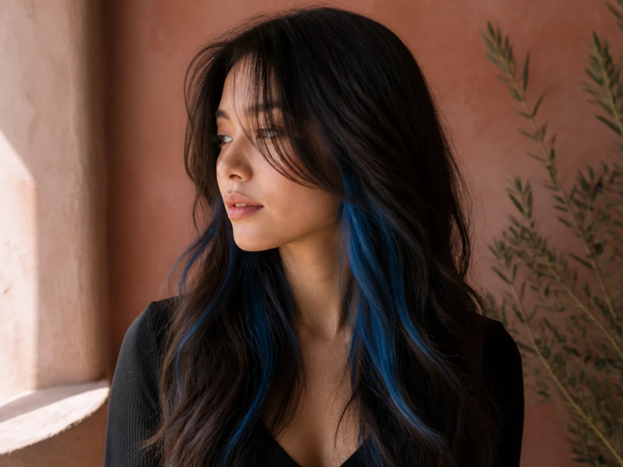 A long blue peekaboo panel under dark brunette hair