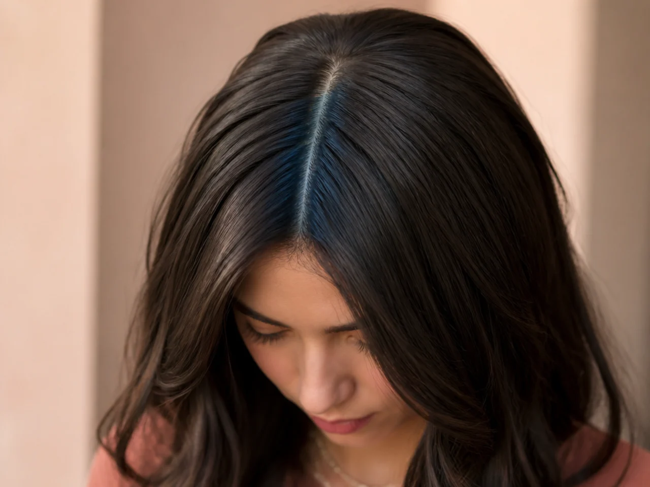 A blue panel under the top section of centre parted hair