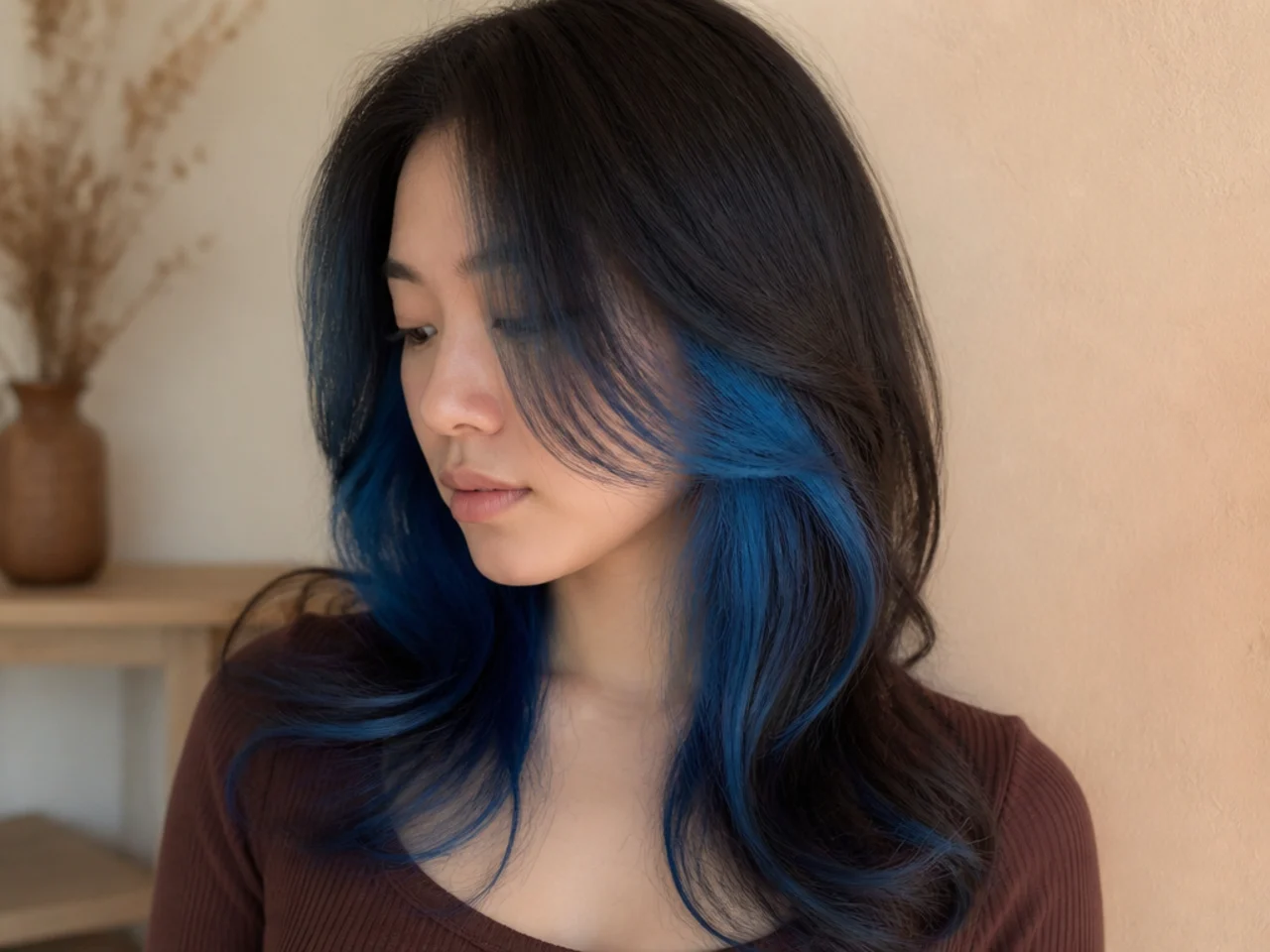 A blue peekaboo panel with a dark shadow root melting into the colour