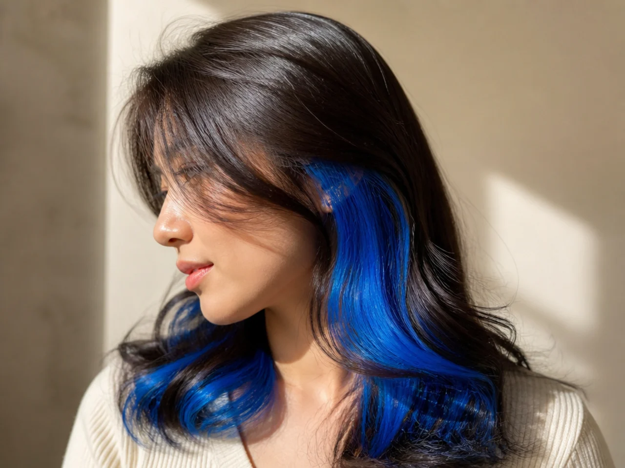 An electric blue peekaboo panel under brunette hair