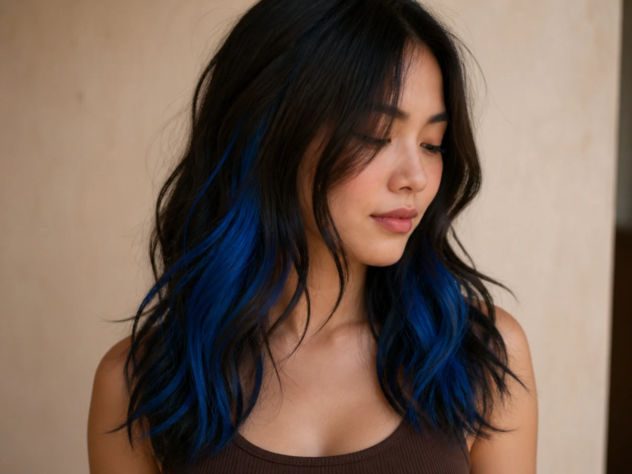 A royal blue peekaboo panel under dark hair