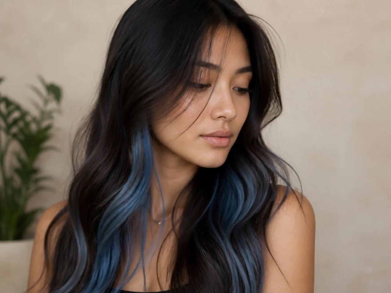 A soft denim blue peekaboo panel under brunette hair