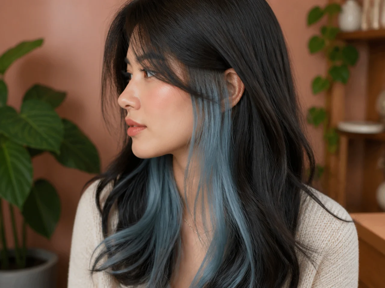 A pastel baby blue peekaboo panel under dark hair