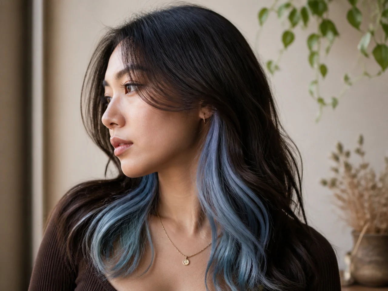 An icy pale blue peekaboo panel under brunette hair