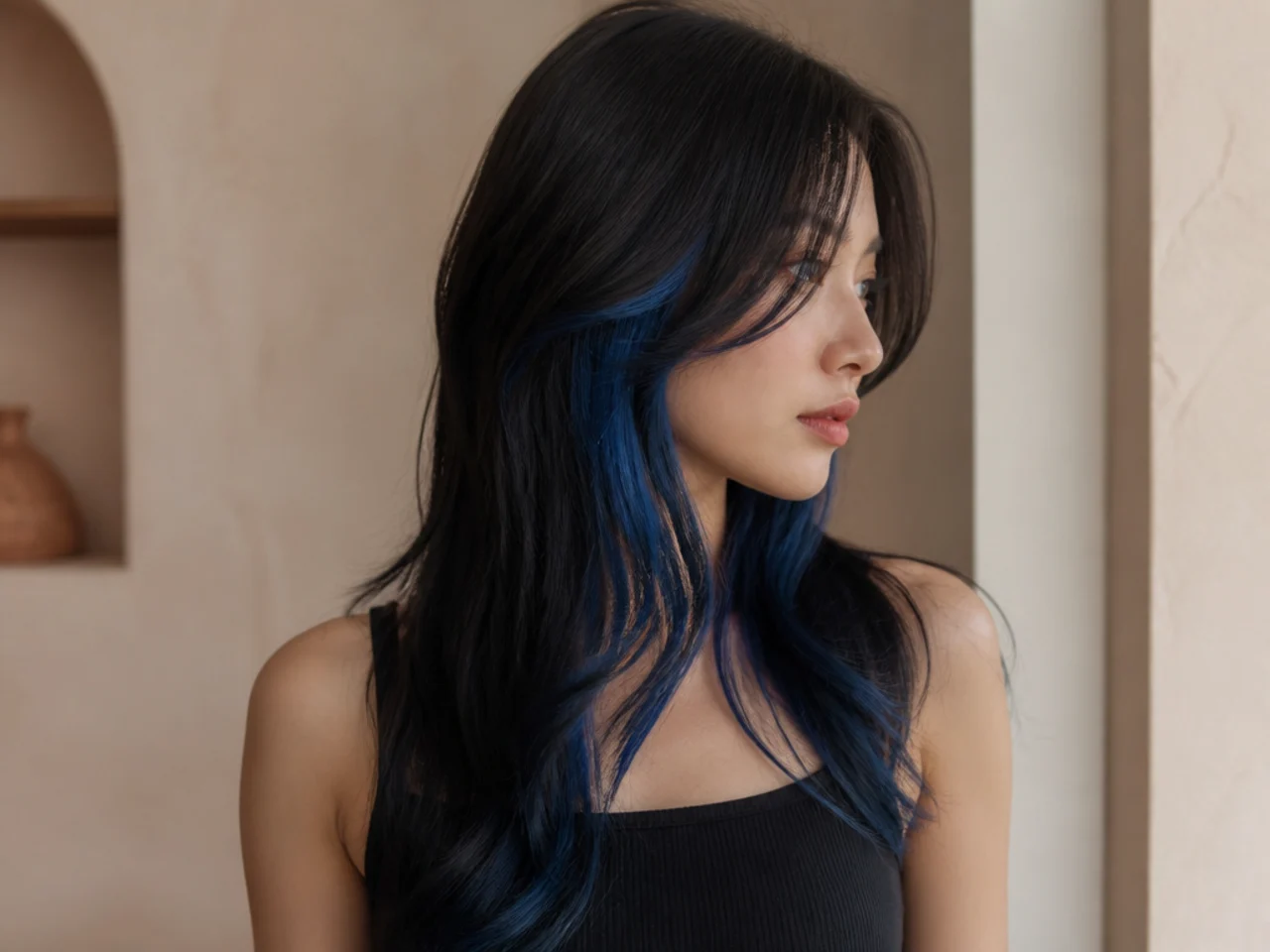 Three quarter view of dark hair with a blue peekaboo panel