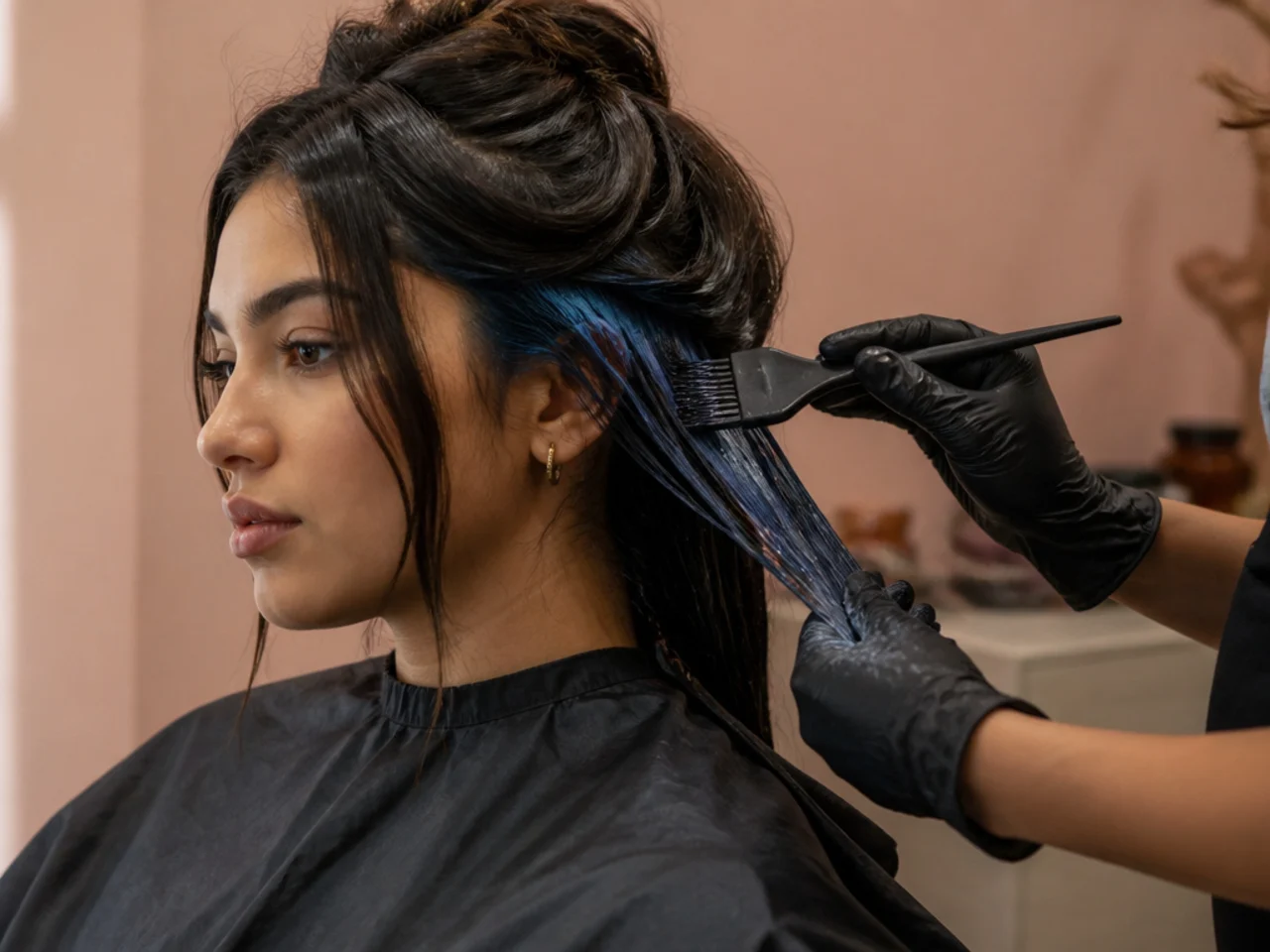 A blue peekaboo panel being refreshed with tinted conditioner