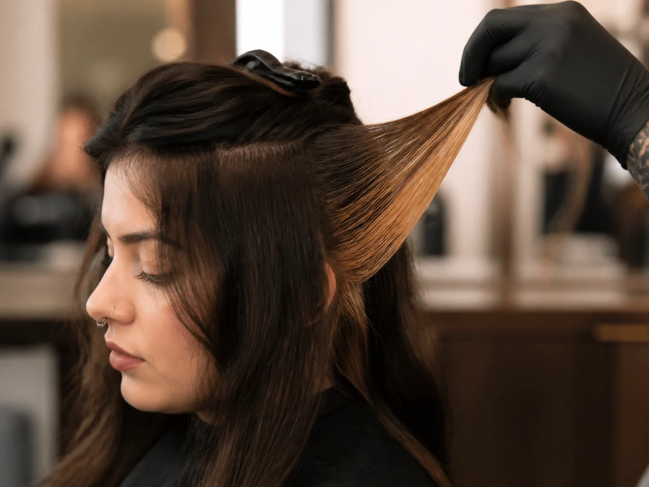 A lifted panel of hair being toned before blue dye is applied