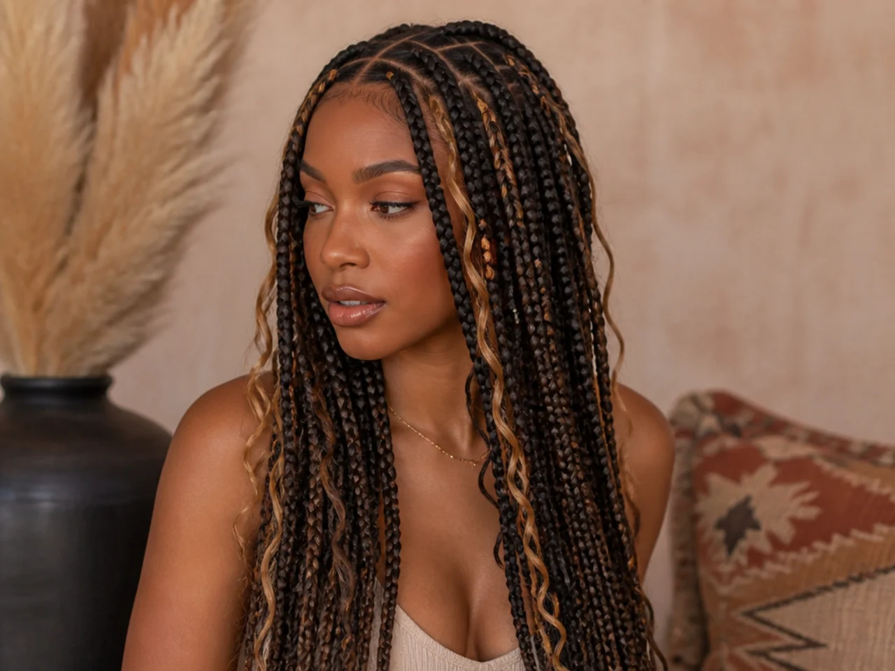 Two-tone boho braids with lighter loose pieces
