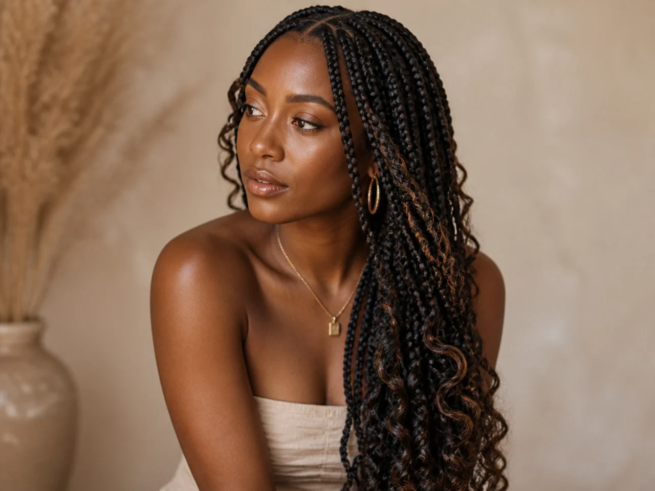 Boho braids gathered over one shoulder