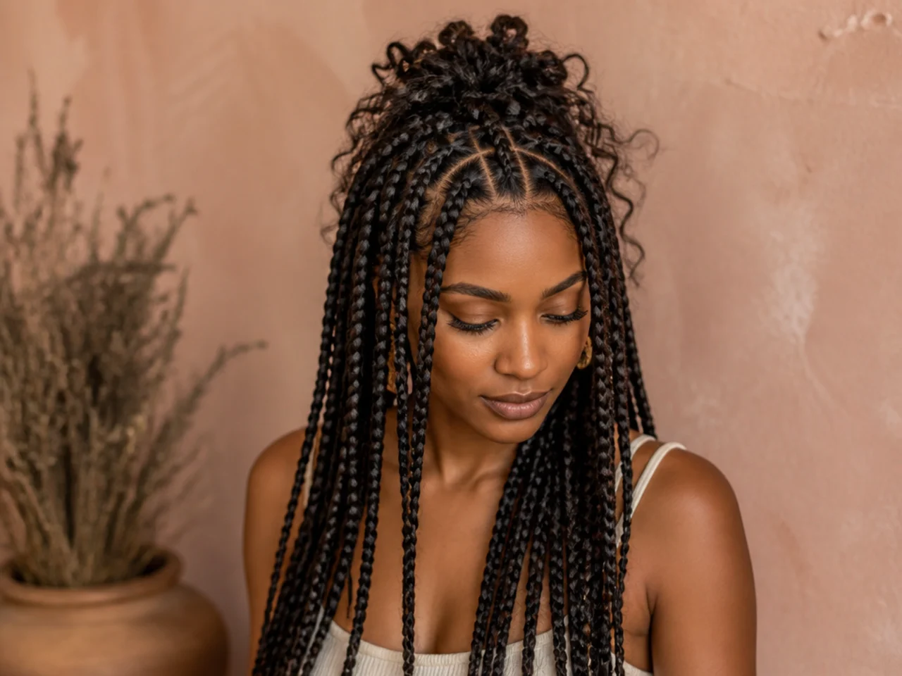 Boho braids with loose pieces concentrated at the crown