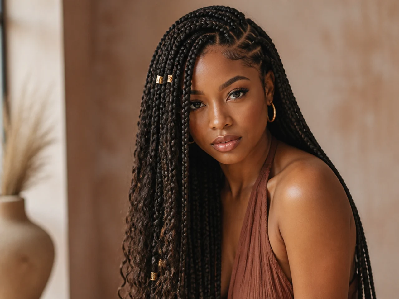 Boho braids with a deep side parting