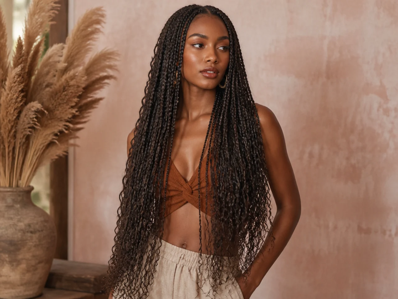 Waist-length boho knotless braids