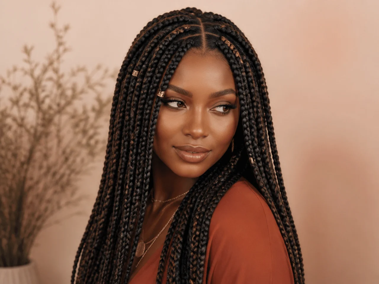 Three-quarter view of finished boho knotless braids