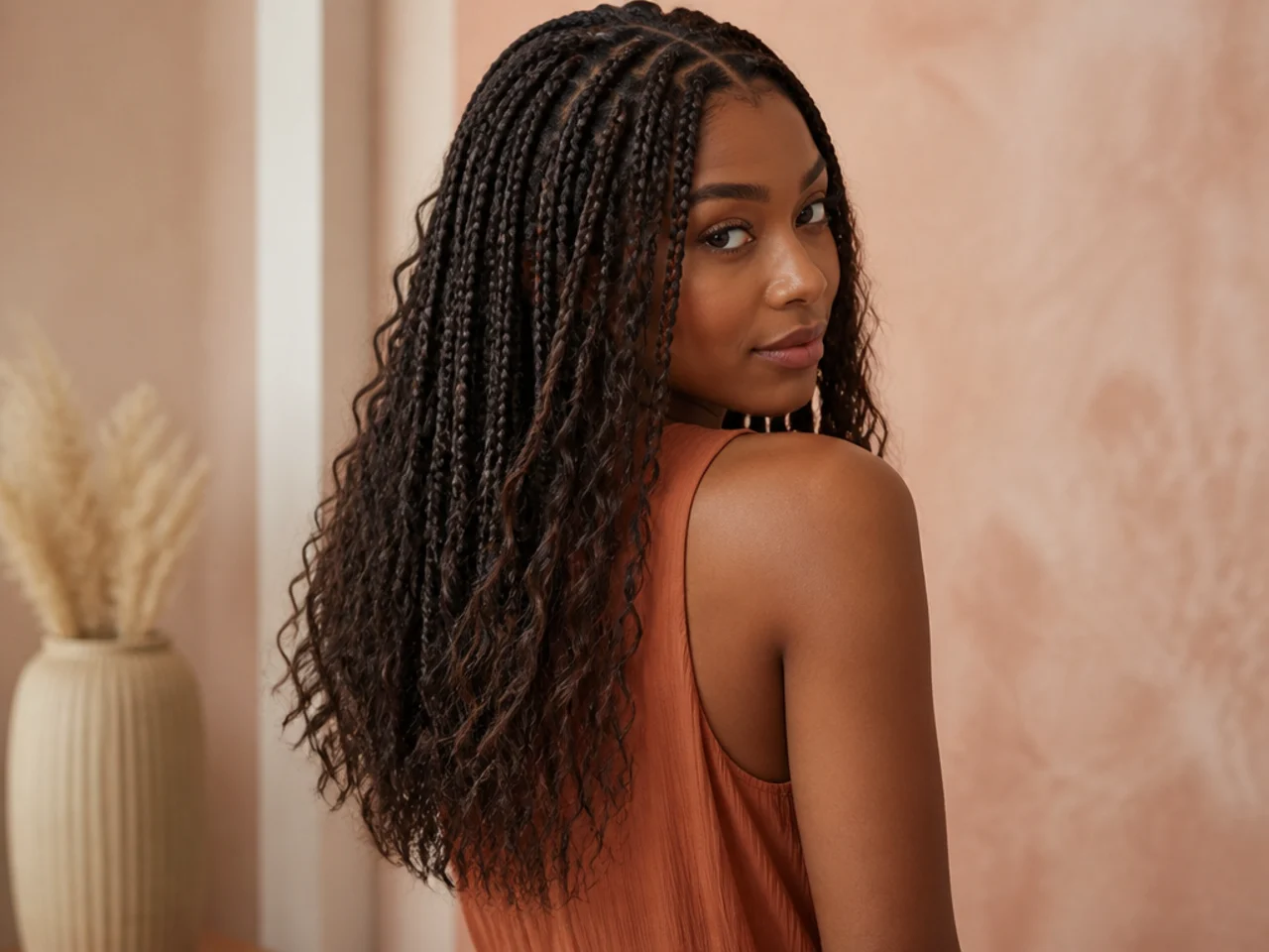 Mid-back boho medium knotless braids