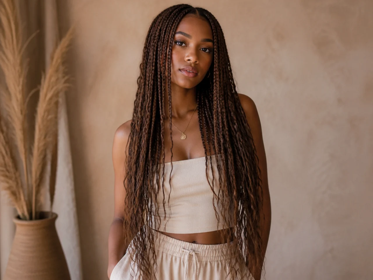 Waist-length boho medium knotless braids