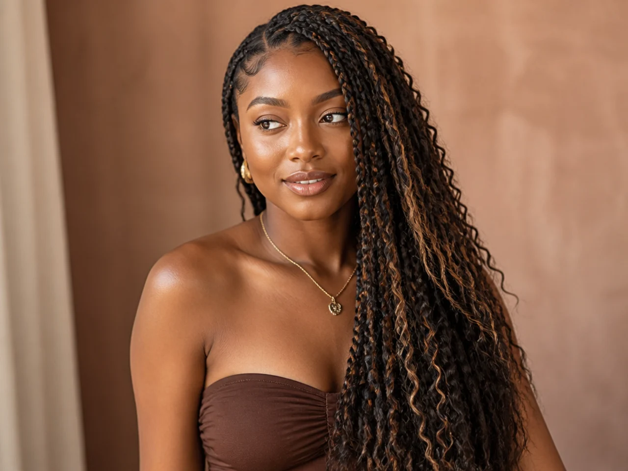 Boho medium braids gathered over one shoulder
