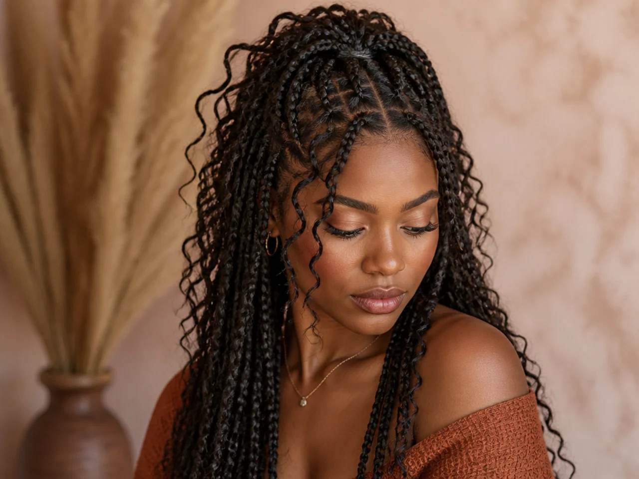 Boho medium braids with loose pieces at the crown