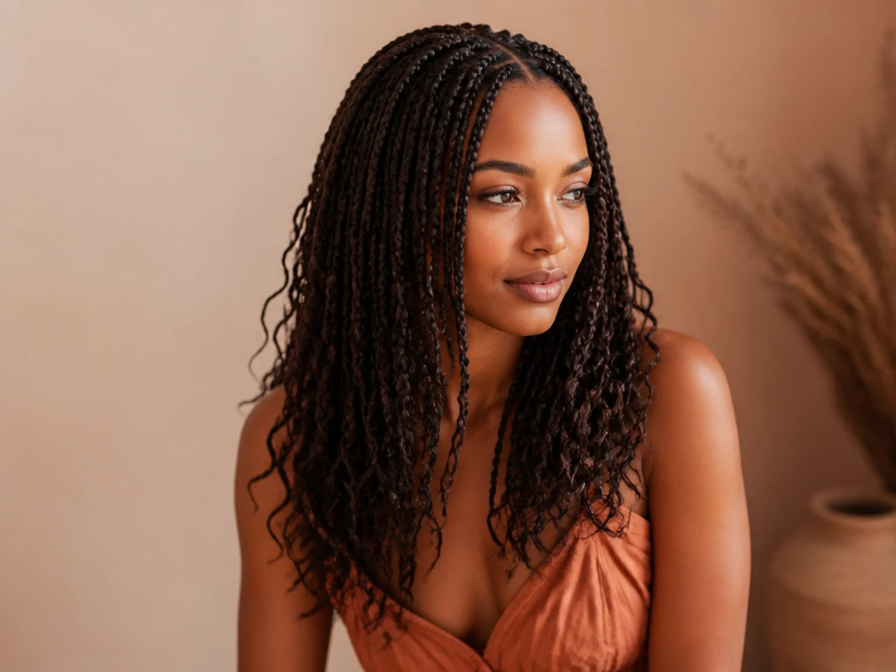 Three-quarter view of finished boho medium knotless braids