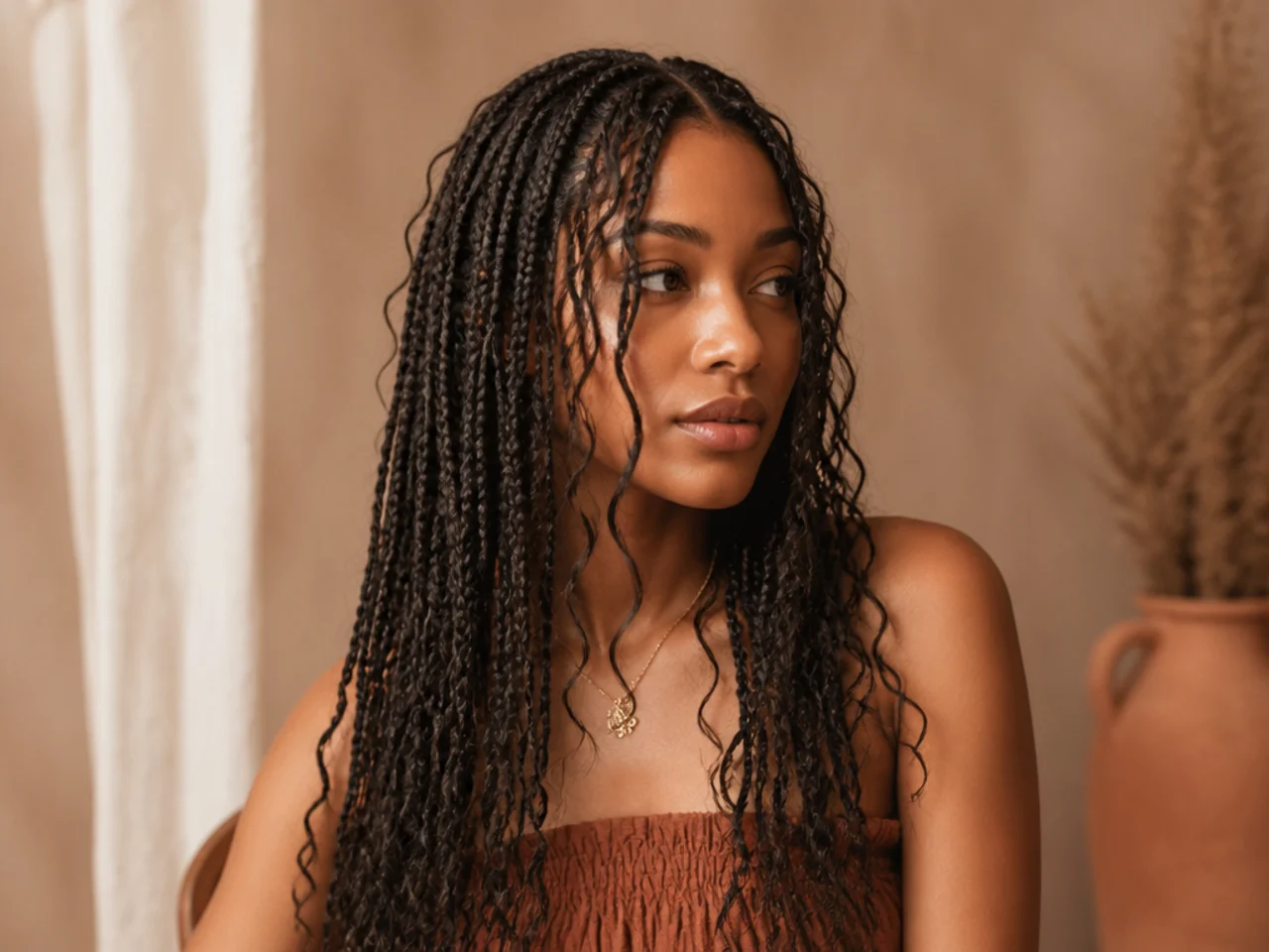Loose curly pieces hanging beside medium braids