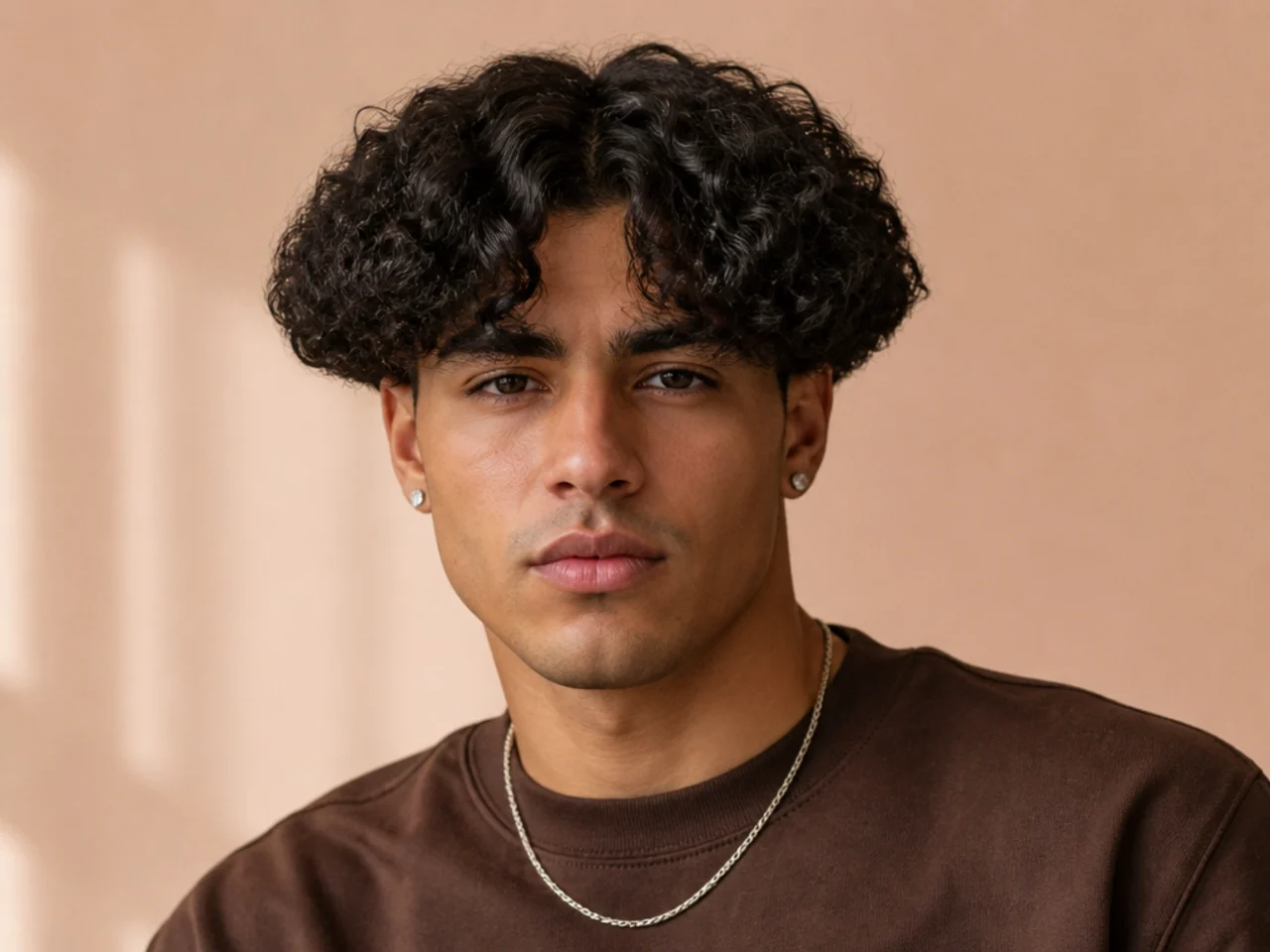 Young boy with a broccoli-style middle part with fluffy curly top over a taper fade