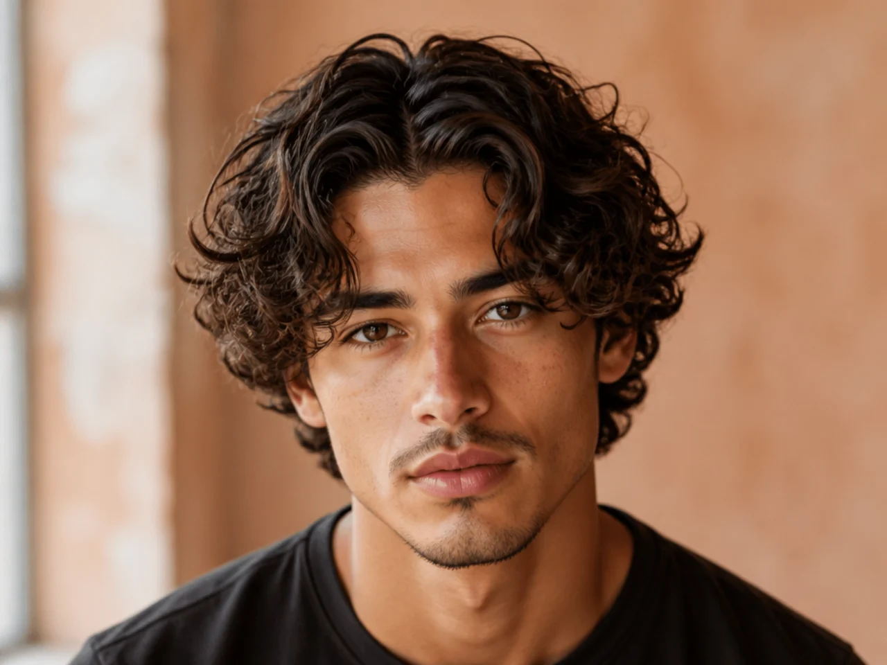 Young boy with a curly middle part with defined type 3 curls falling into a natural center split