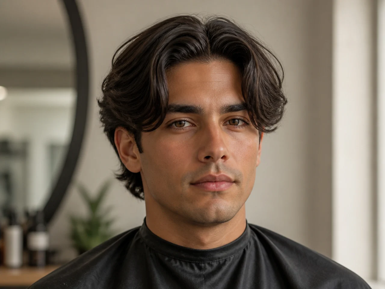 Young boy with a long curtain middle part with hair falling past the cheekbones