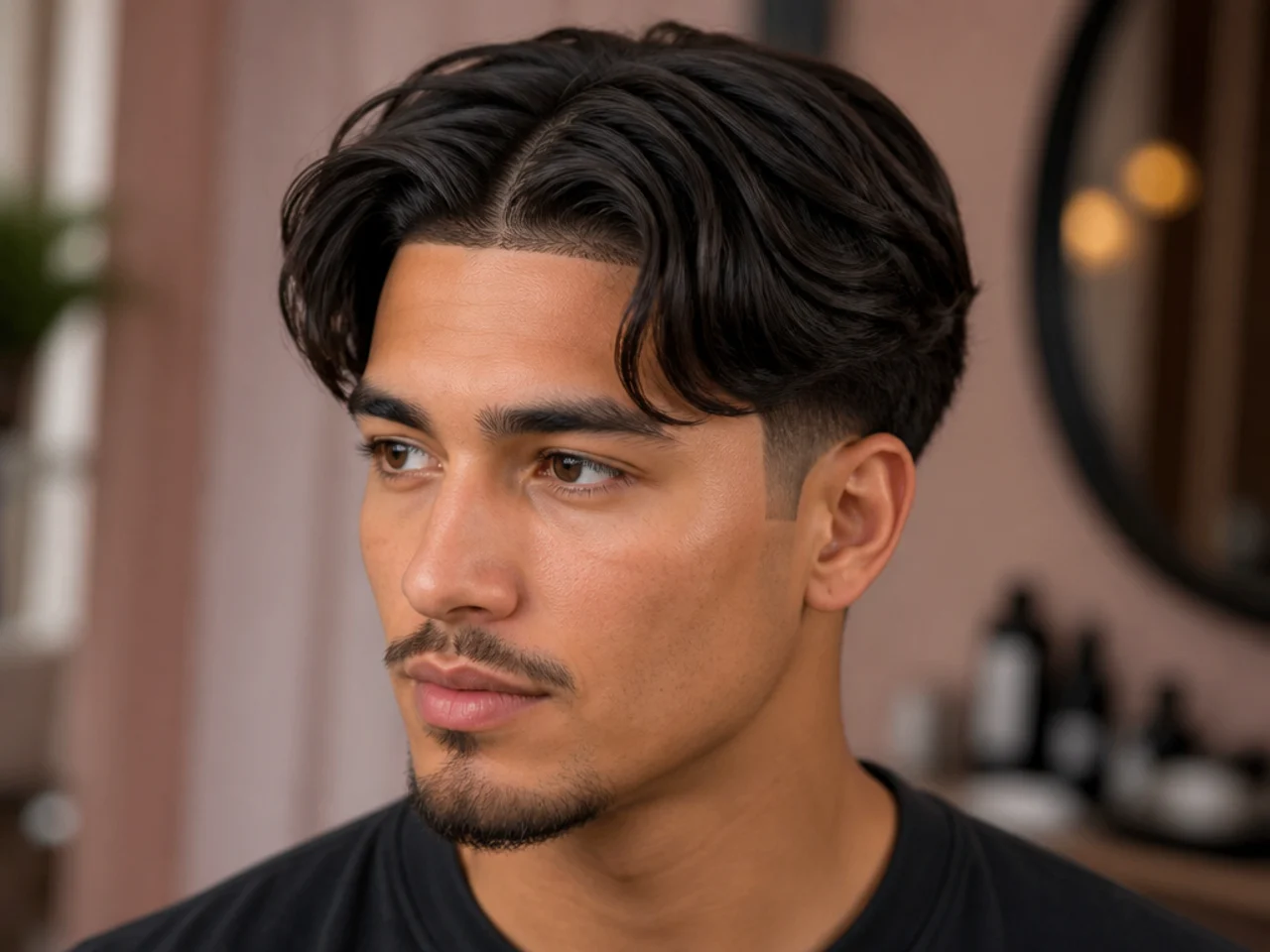 Young boy with a middle part with a razor-sharp hairline edge-up and low taper sides