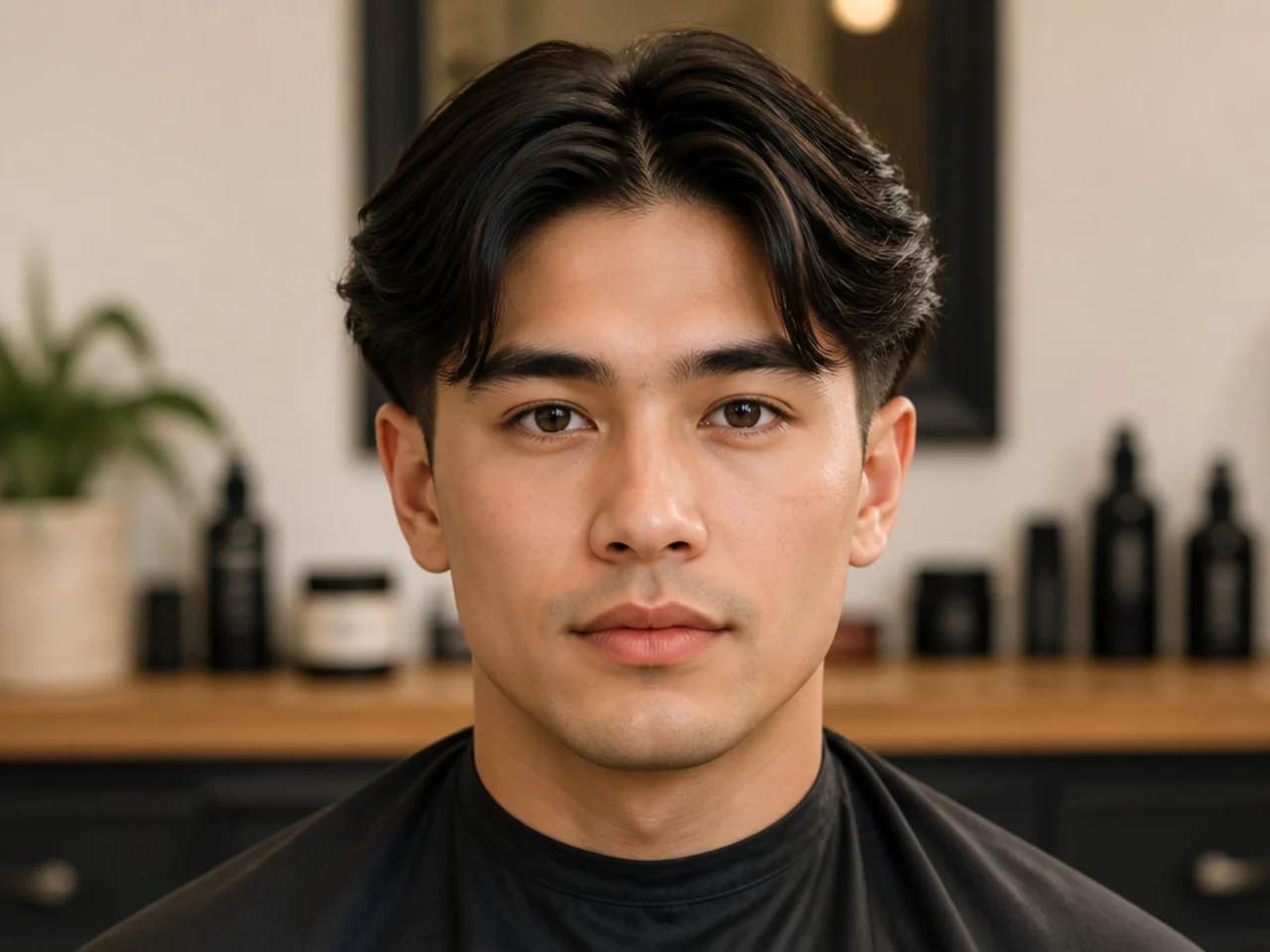 Young boy with a middle part paired with a soft low taper fade behind the ear