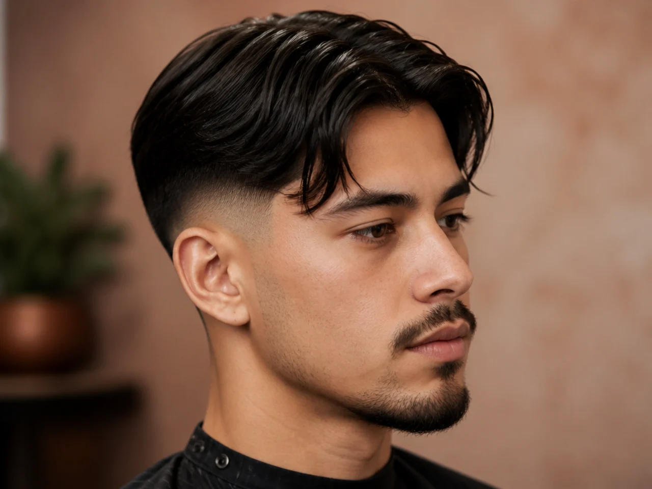Young boy with a middle part paired with a clean low fade around the ear