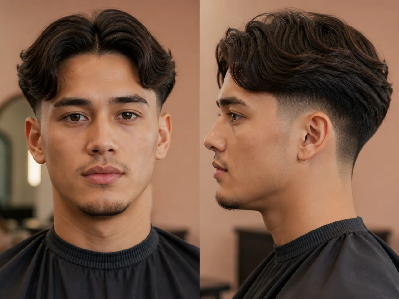 Young boy with a middle part paired with a clean mid fade jumping in at the temple
