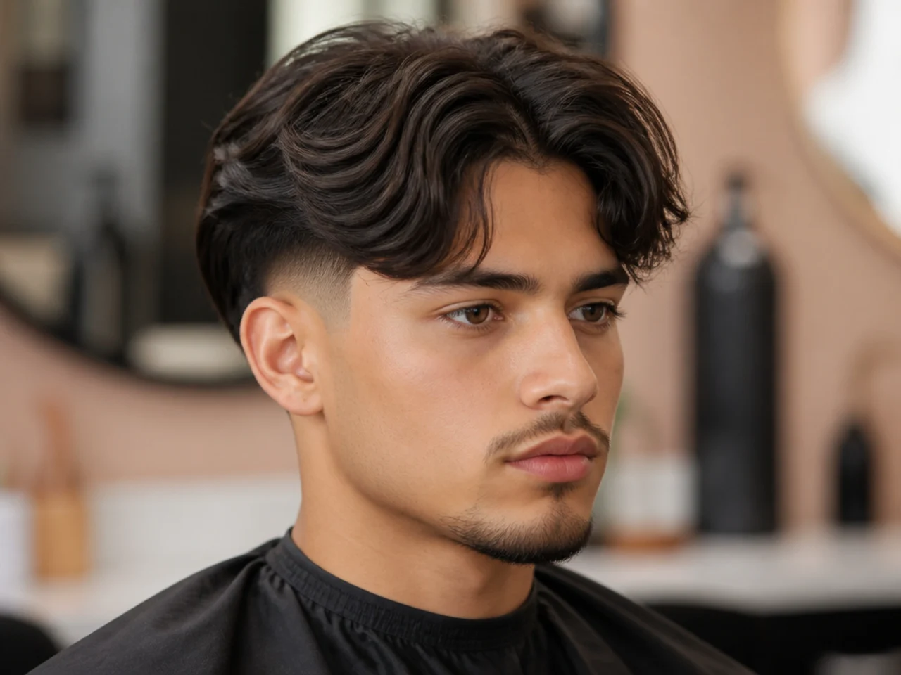 Young boy with a middle part paired with a burst fade arcing around the ear