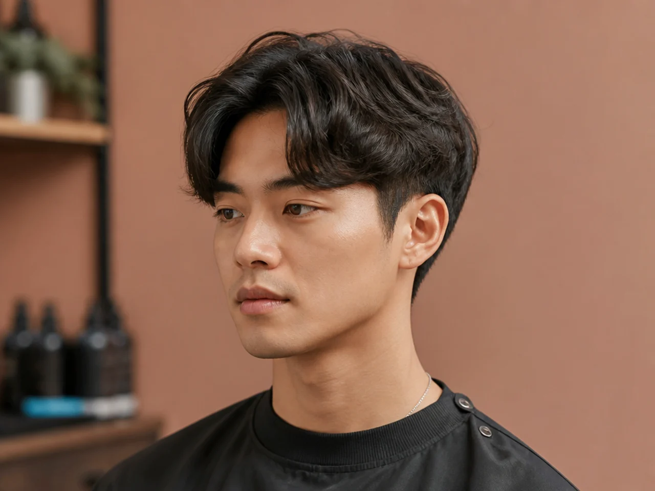 Korean young boy with a two block middle part with hidden clippered sides