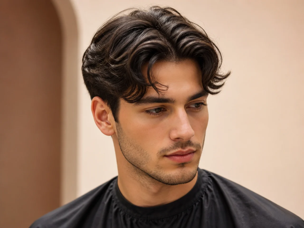 Korean young boy with a comma-style middle part with softly curved fringe pieces