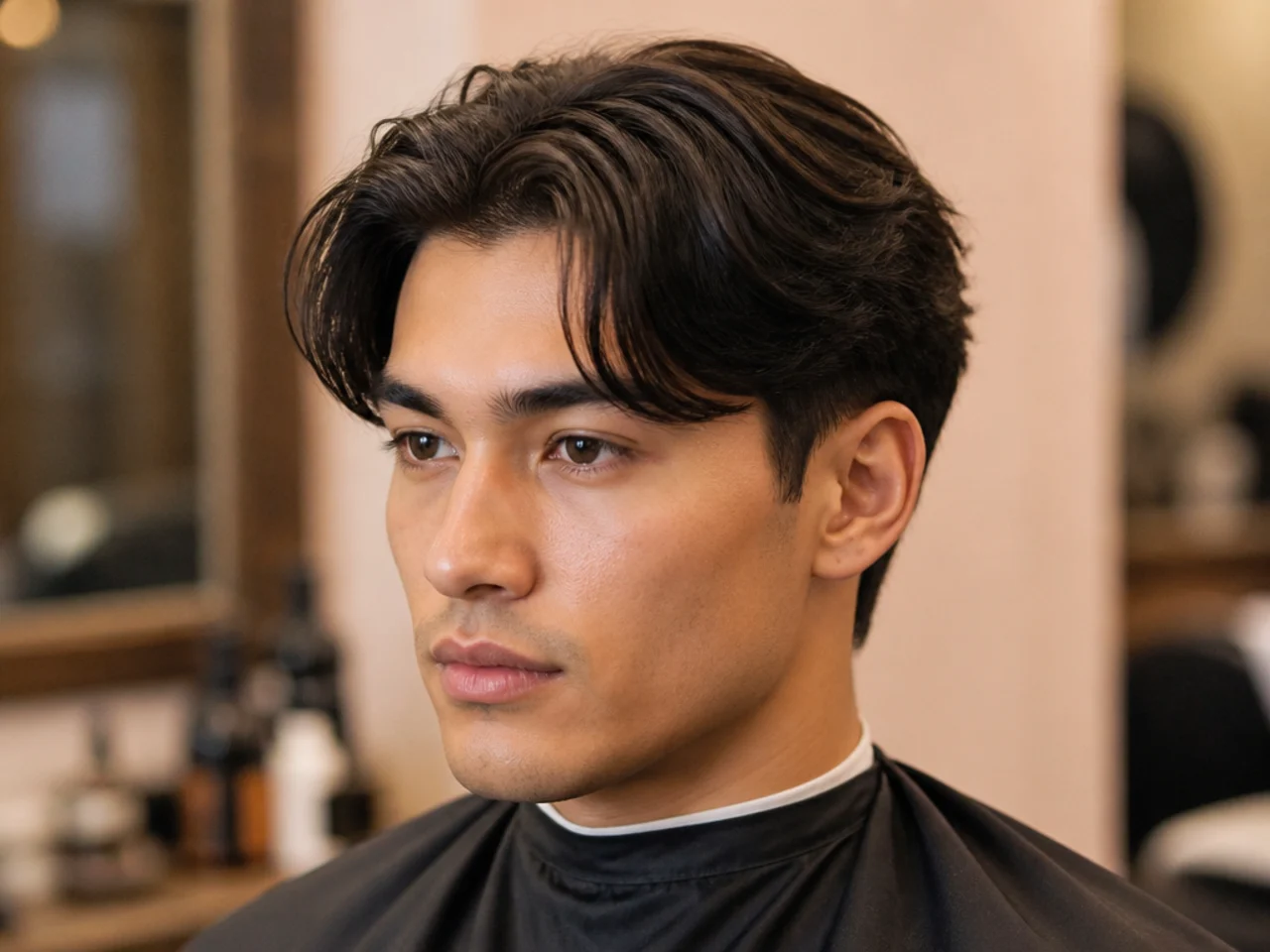 Young boy showing the barber a phone photo of his desired middle part haircut