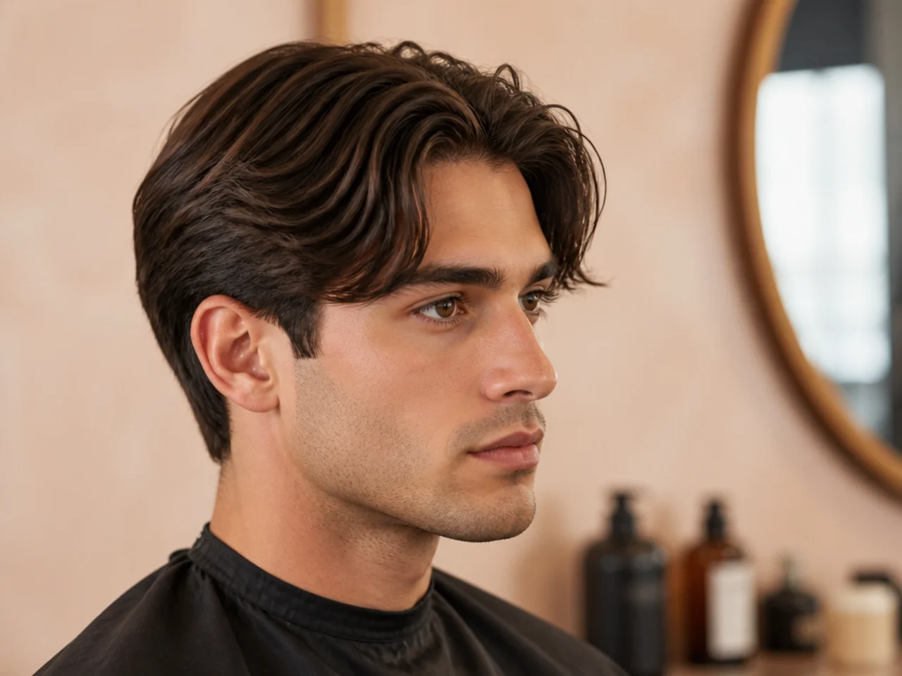 Middle part styling products laid out on a bathroom counter for a young boy