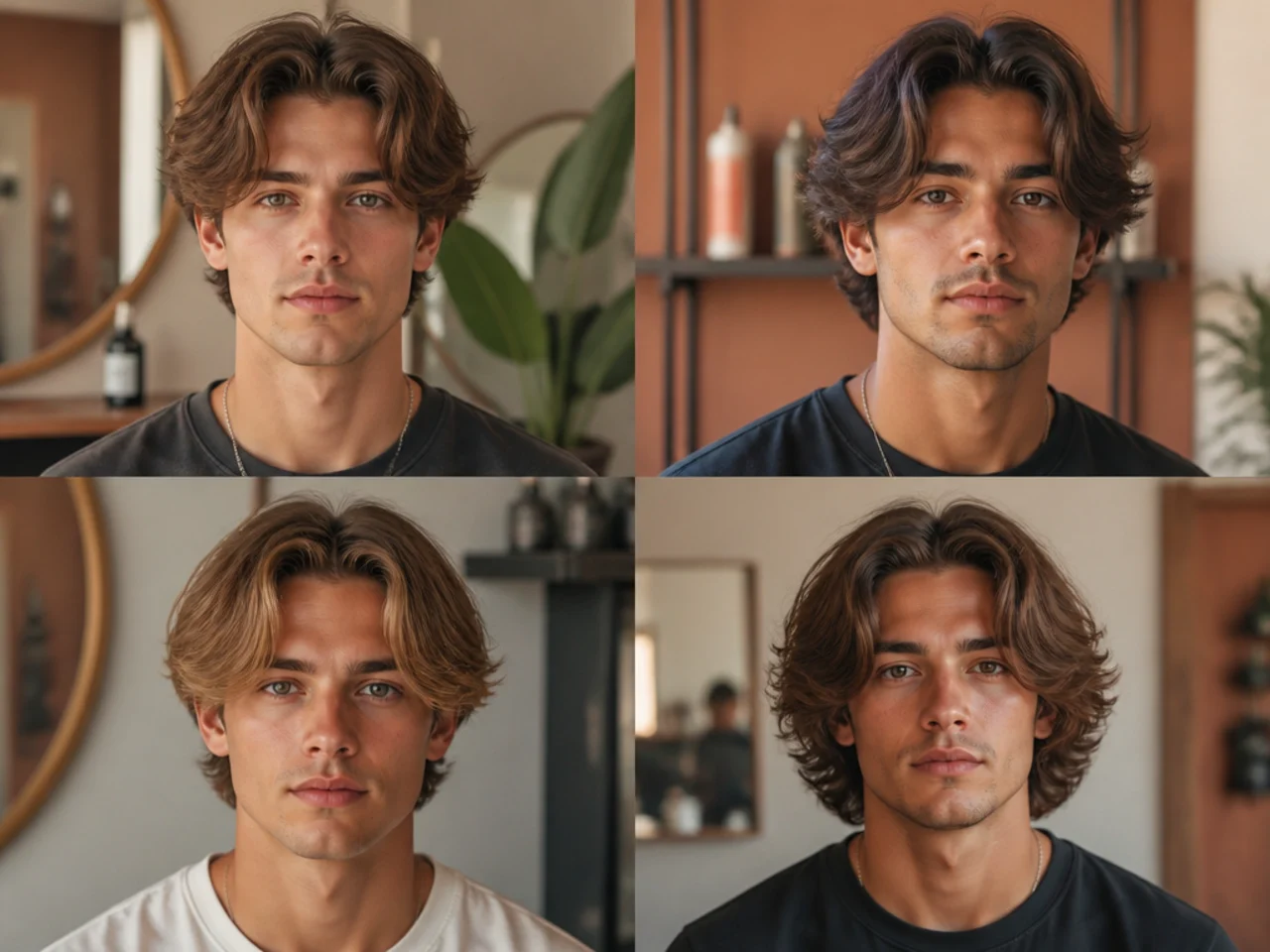 Teen boy middle part with curtain bangs at brow length parting outward