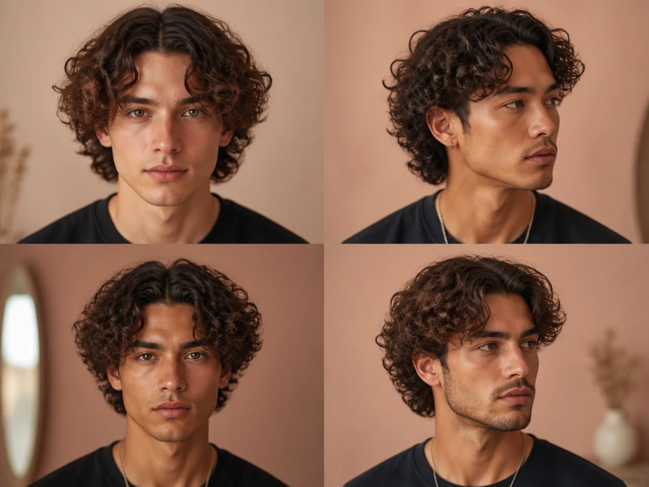 Teen boy curly middle part with defined type 3 curls falling into a natural split