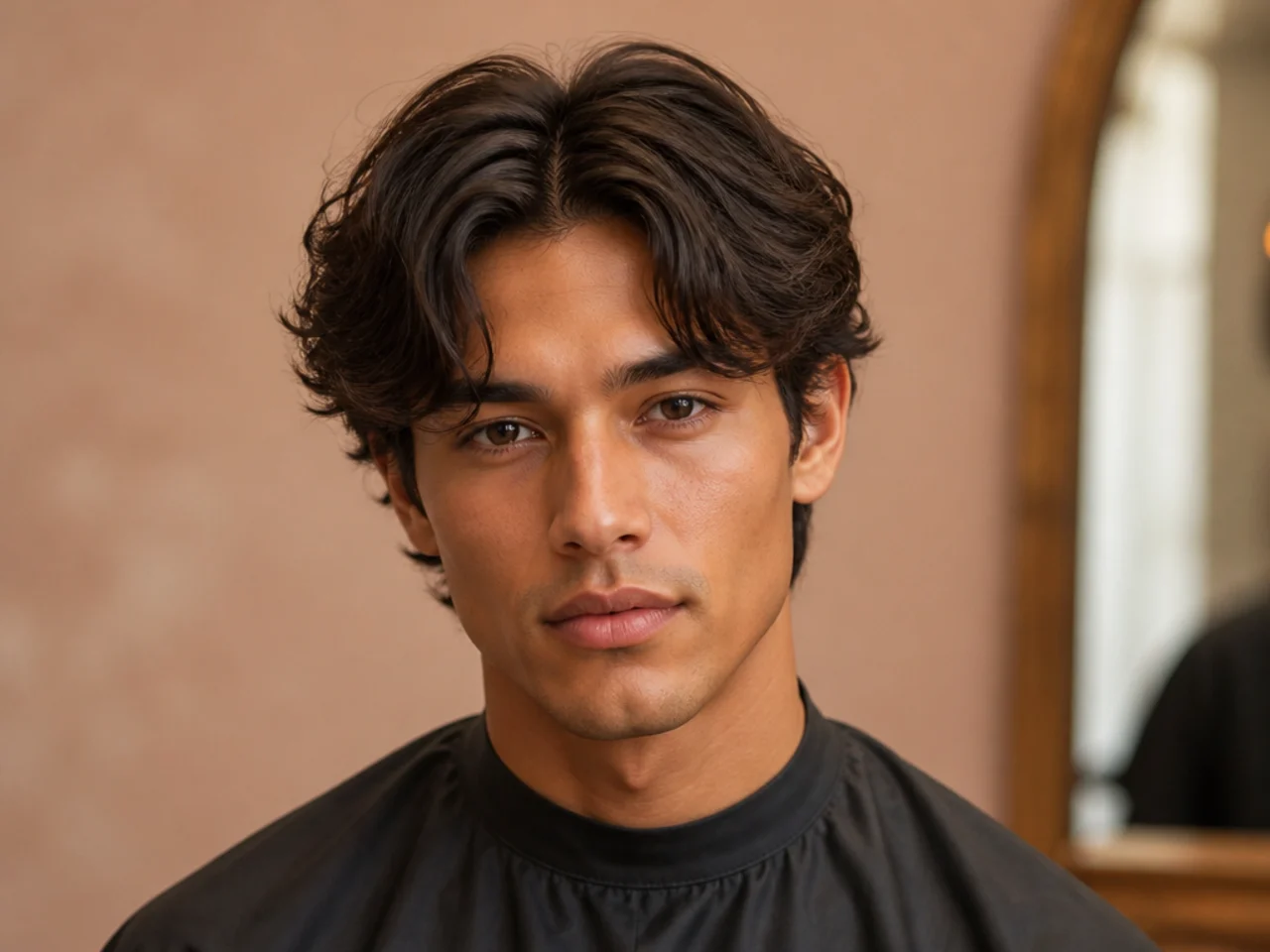 Textured middle part on a teen boy with heavily point-cut ends on wavy hair