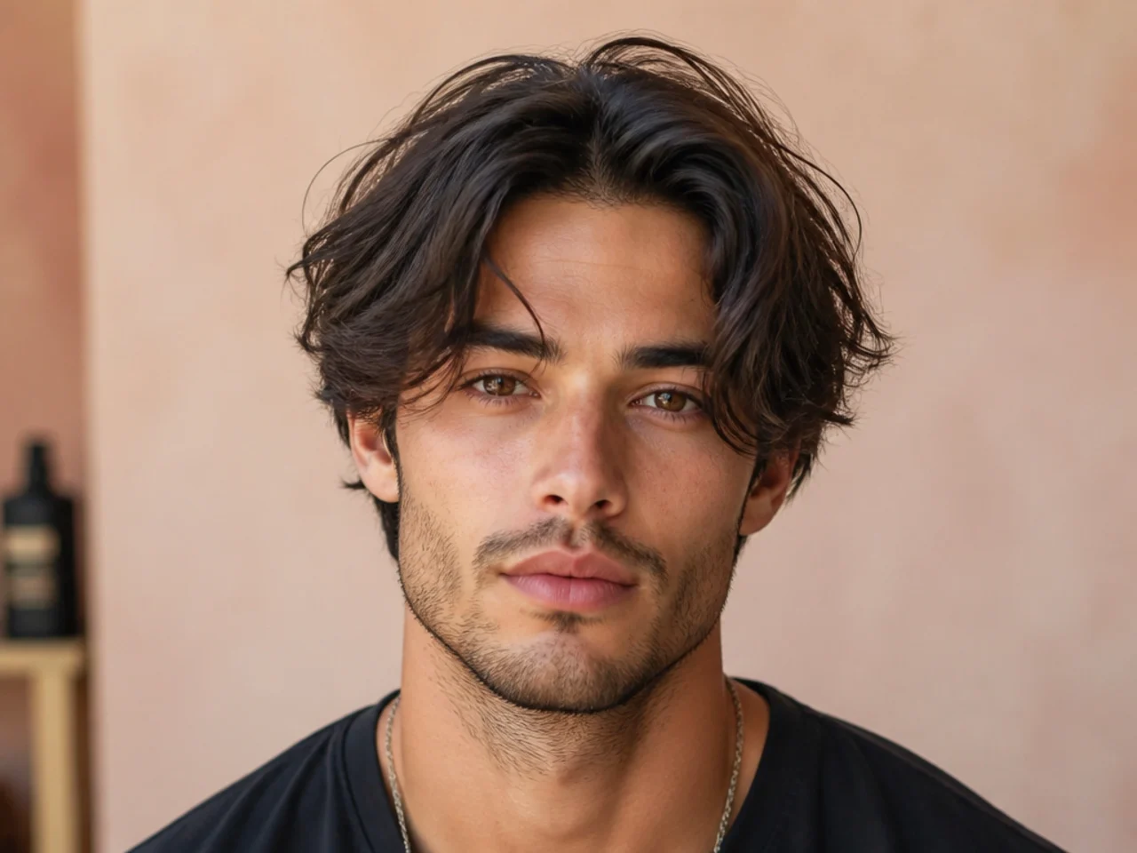 Messy middle part on a teen boy with a deliberately loose center split