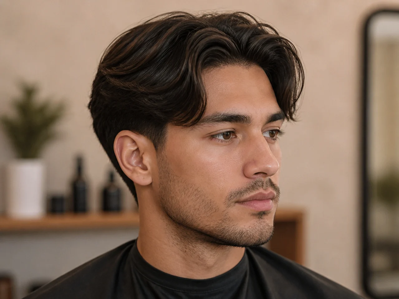 Boys middle part with a low taper fade dropping behind the ear on wavy hair